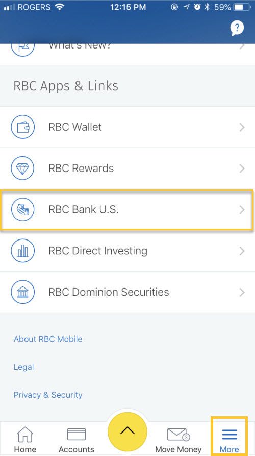 From the More menu, select RBC Apps and Links, and then RBC Bank U.S.